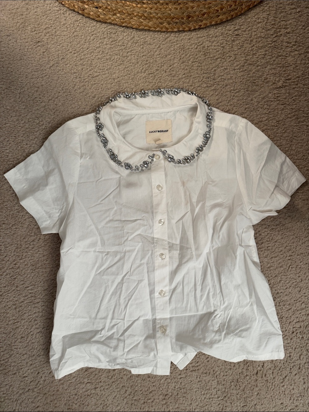 Lucky Brand White Short-Sleeve Button-Up Top with Beaded Collar